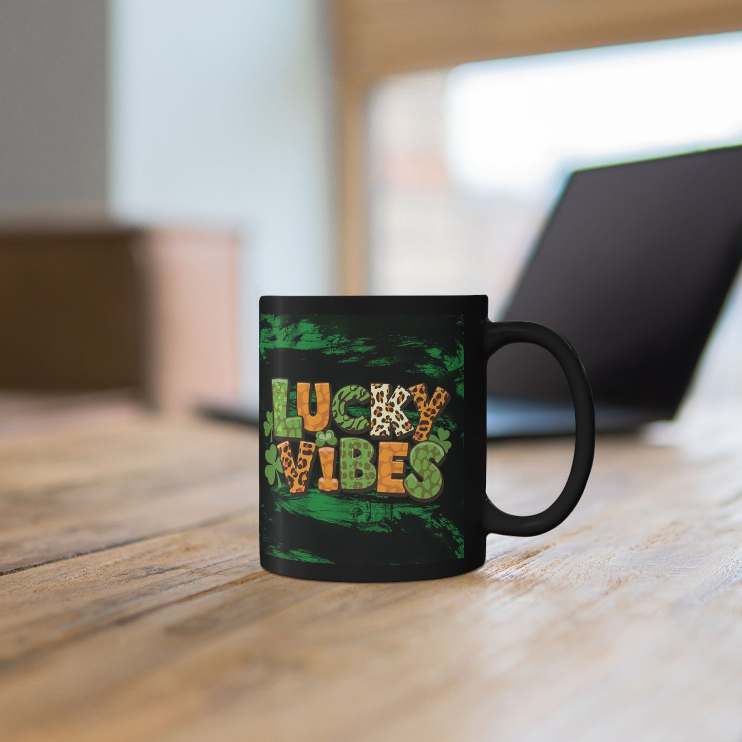 Lucky Vibes Black Mug — St. Patrick’s Day Leopard Print Shamrock Coffee Cup (11oz/15oz)
