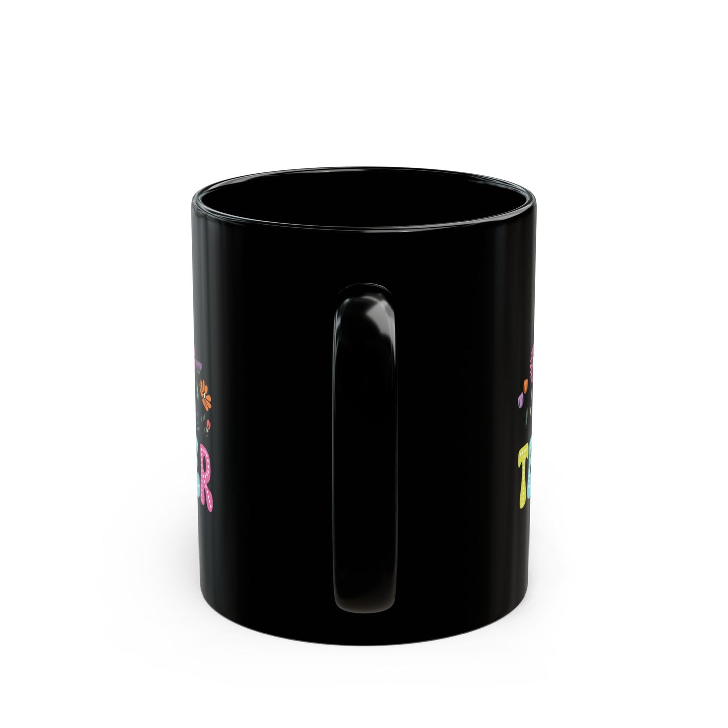 Education Theme Teacher with Floral Black Mug (11oz, 15oz) Great Gift for Teachers to Enjoy Their Coffee, Tea or Hot Chocolate, Gift Idea for Educators