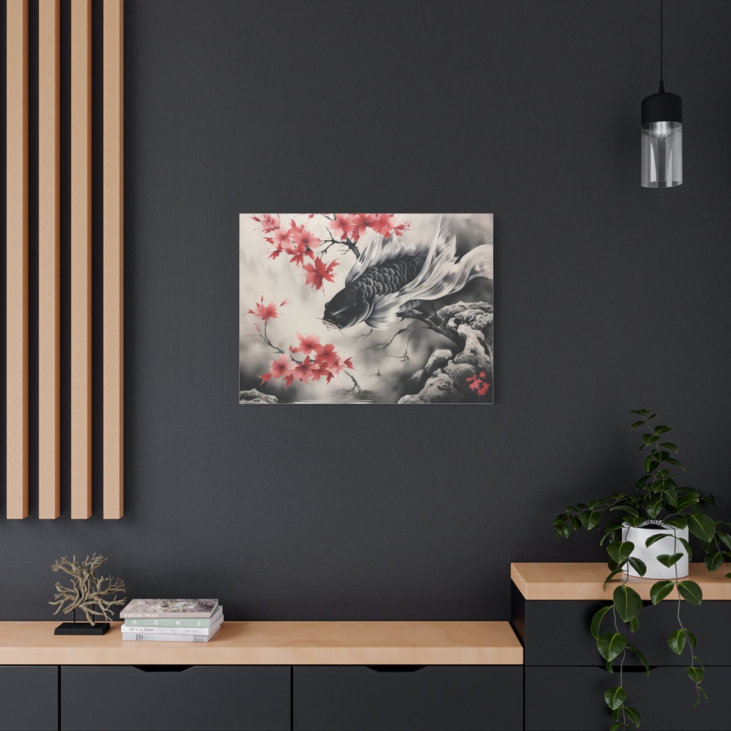 Koi Fish Artwork Canvas Wall Art Print - Elegant Decorative Wall Art with Cherry Blossoms