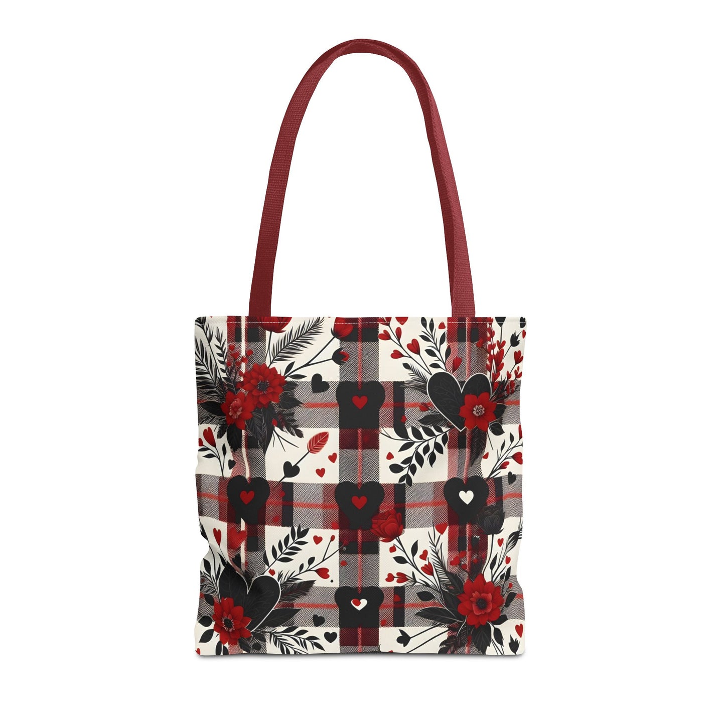 Fashionable Valentine Tote Bag (AOP) with Flowers and Hearts Plaid Design Pattern