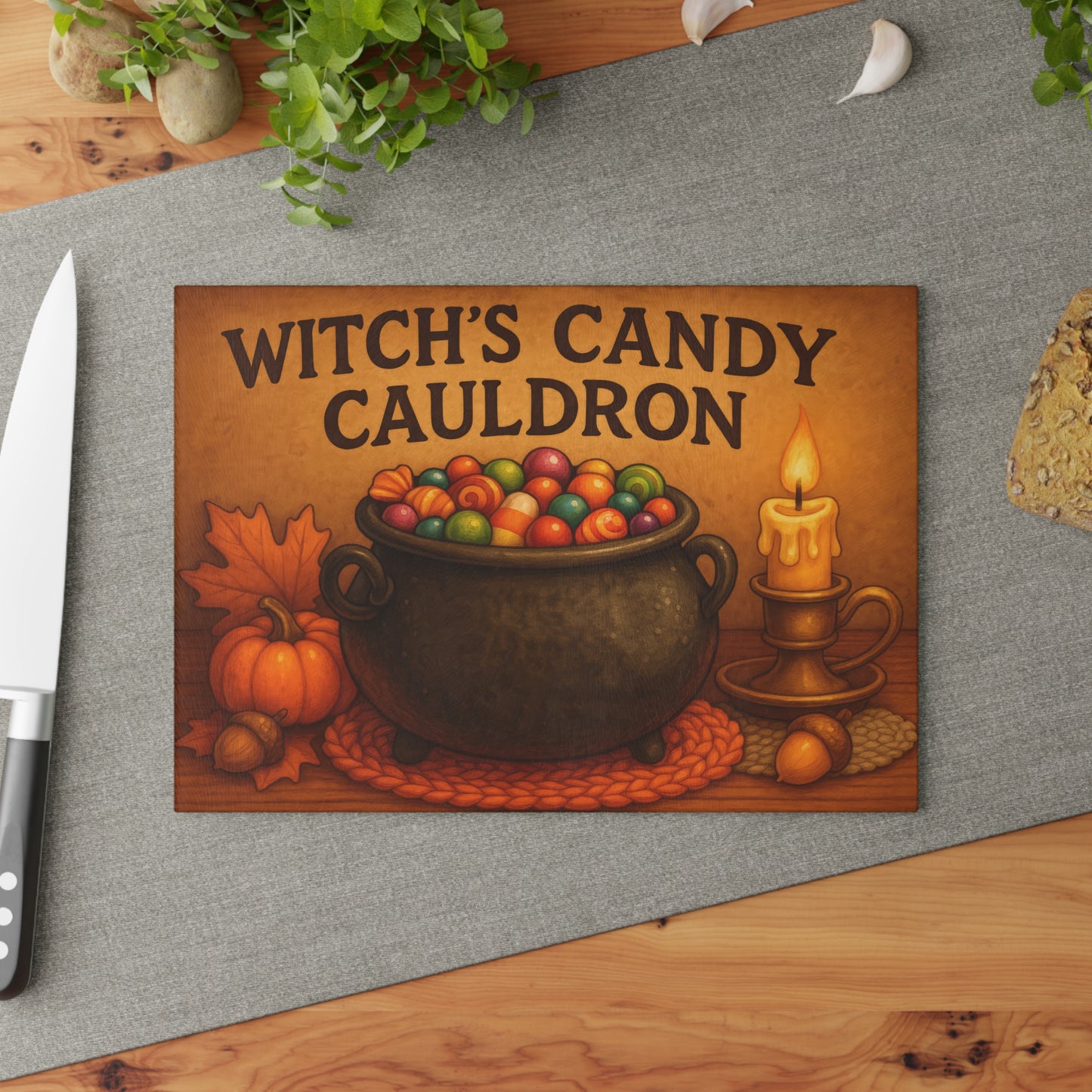 Witch's Candy Cauldron Glass Cutting Board