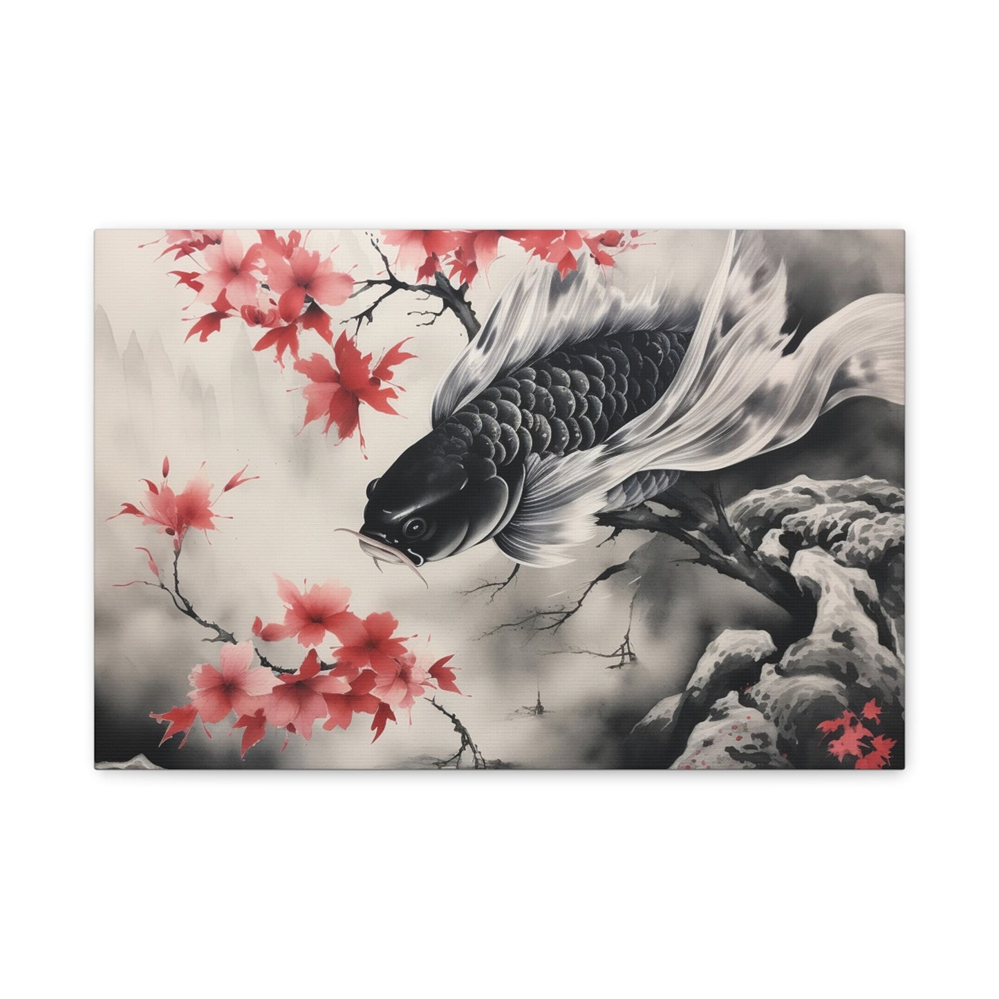 Koi Fish Artwork Canvas Wall Art Print - Elegant Decorative Wall Art with Cherry Blossoms