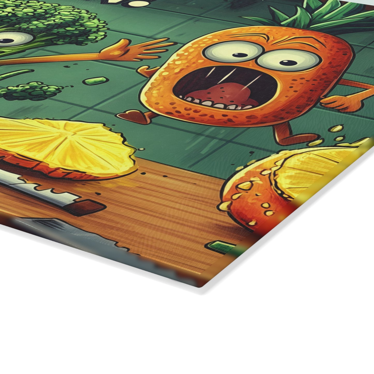 Fun Cartoon Glass Cutting Board - 'Run!' Veggie Design