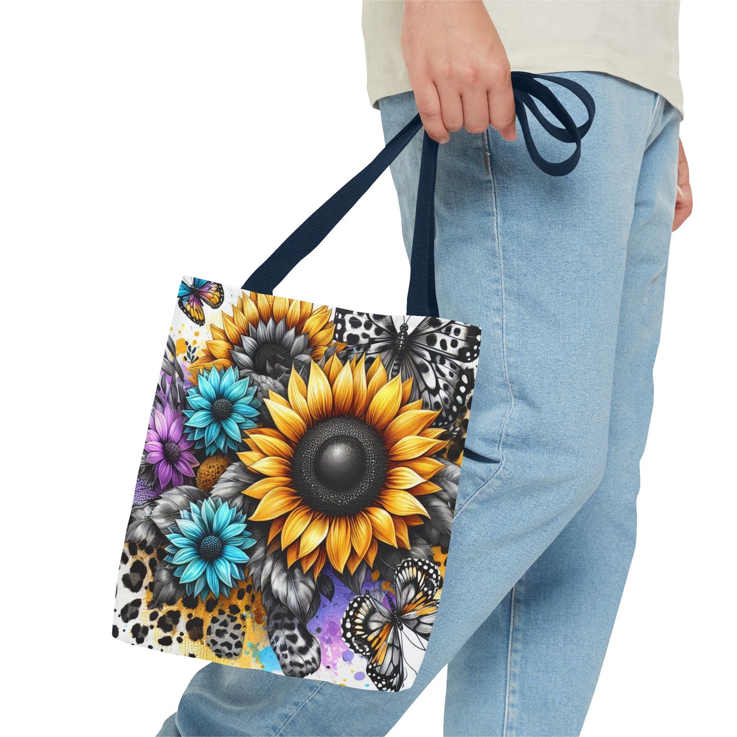Sunflower & Butterfly Tote Bag — Colorful Floral All-Over Print