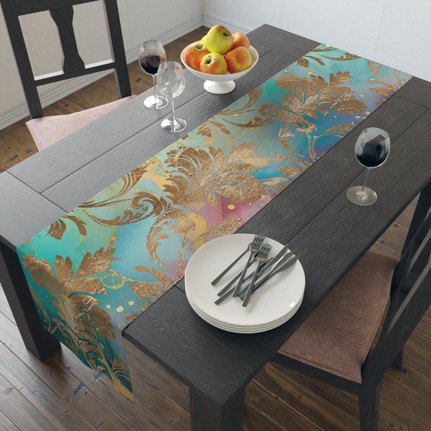 Elegant Floral Table Runner for Dining, Bohemian Home Decor, Wedding Table Decoration, Holiday Table Setting, Gold Foil Design