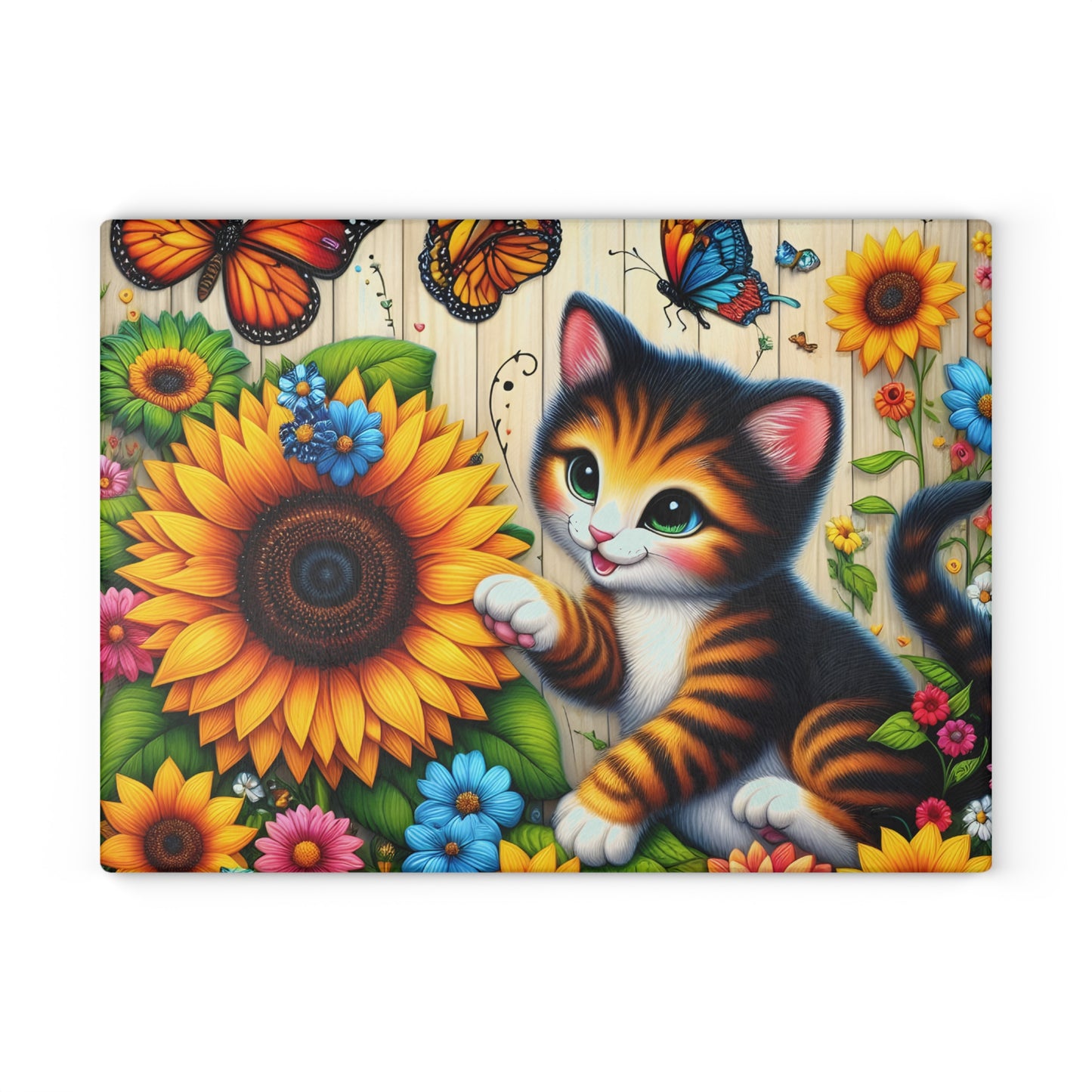 Colorful Cat & Sunflower Glass Cutting Board