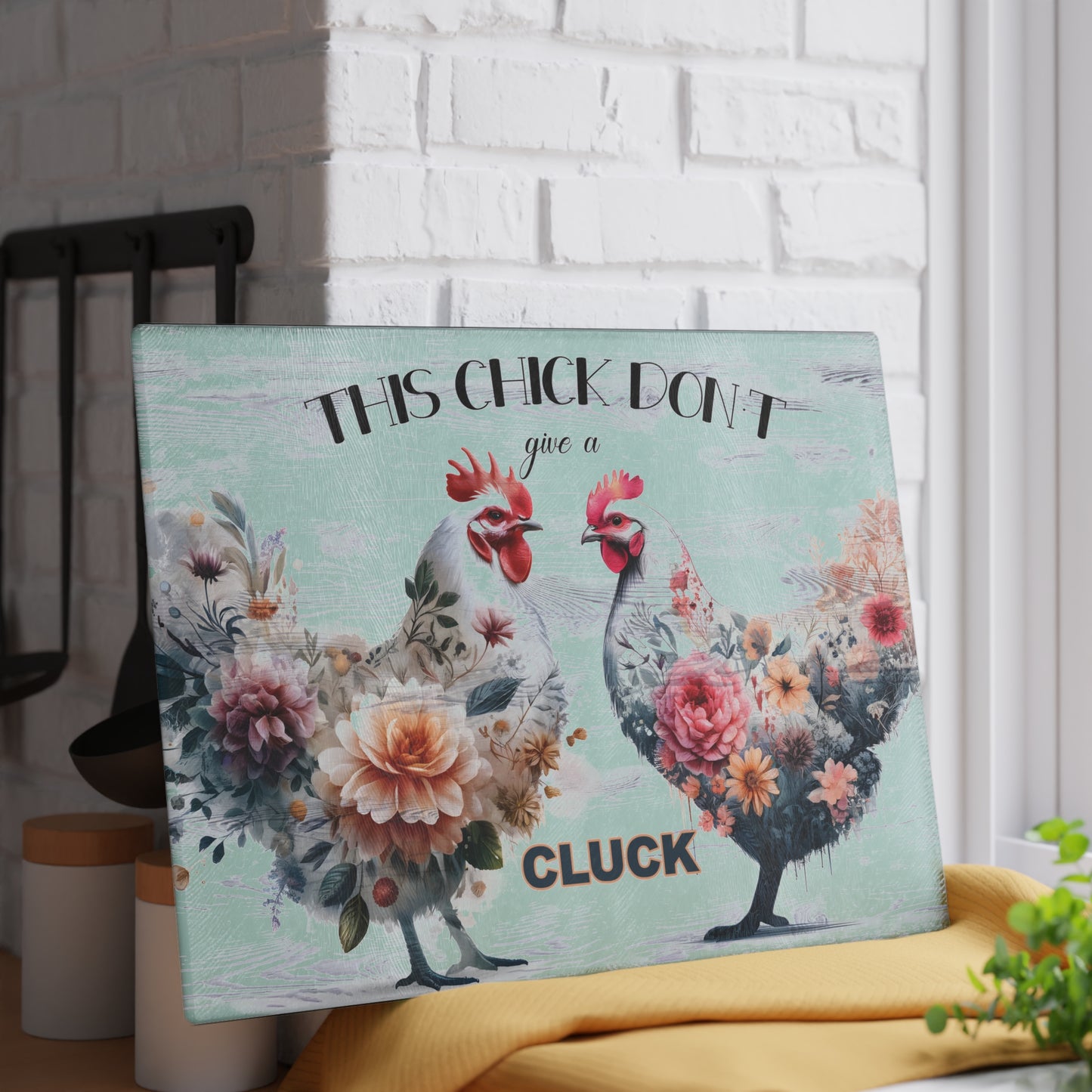 Floral Chicken Glass Cutting Board - Playful Kitchen Decor for Cooking Enthusiasts