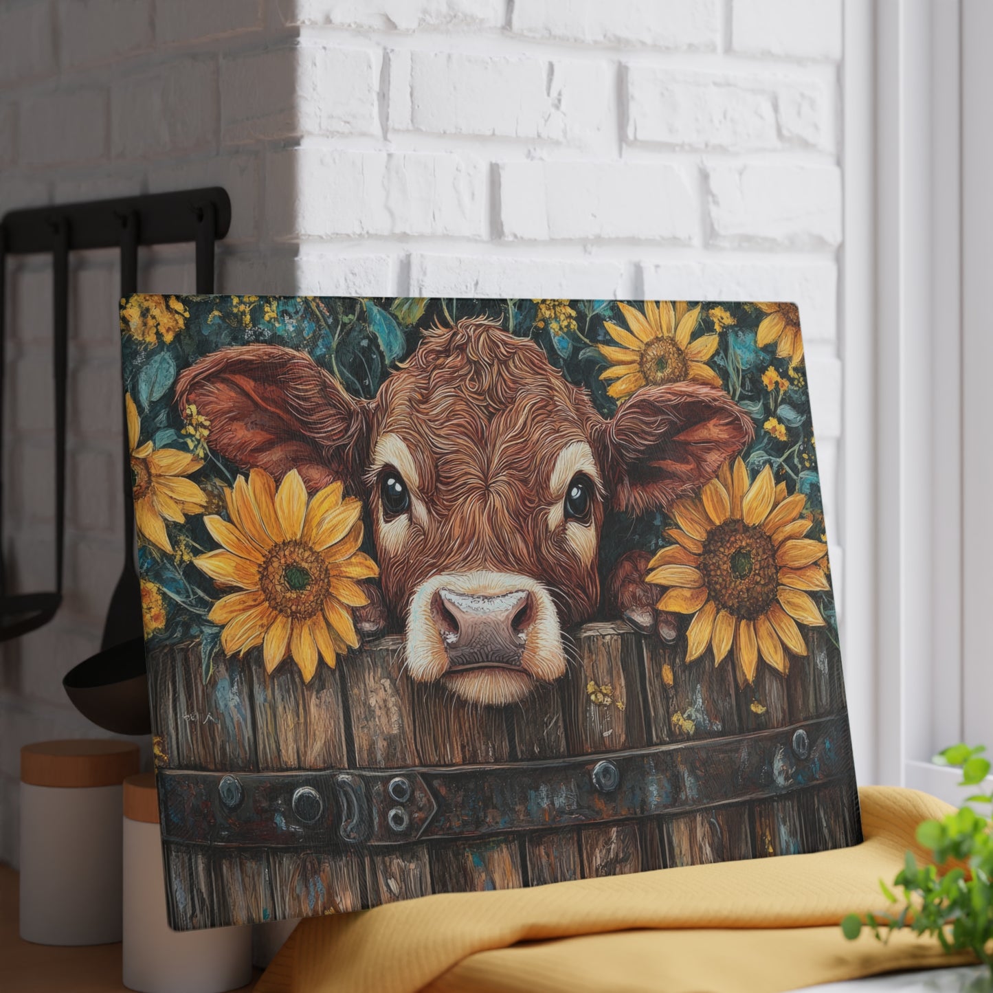 Cow and Sunflower Glass Cutting Board - Rustic Kitchen Decor