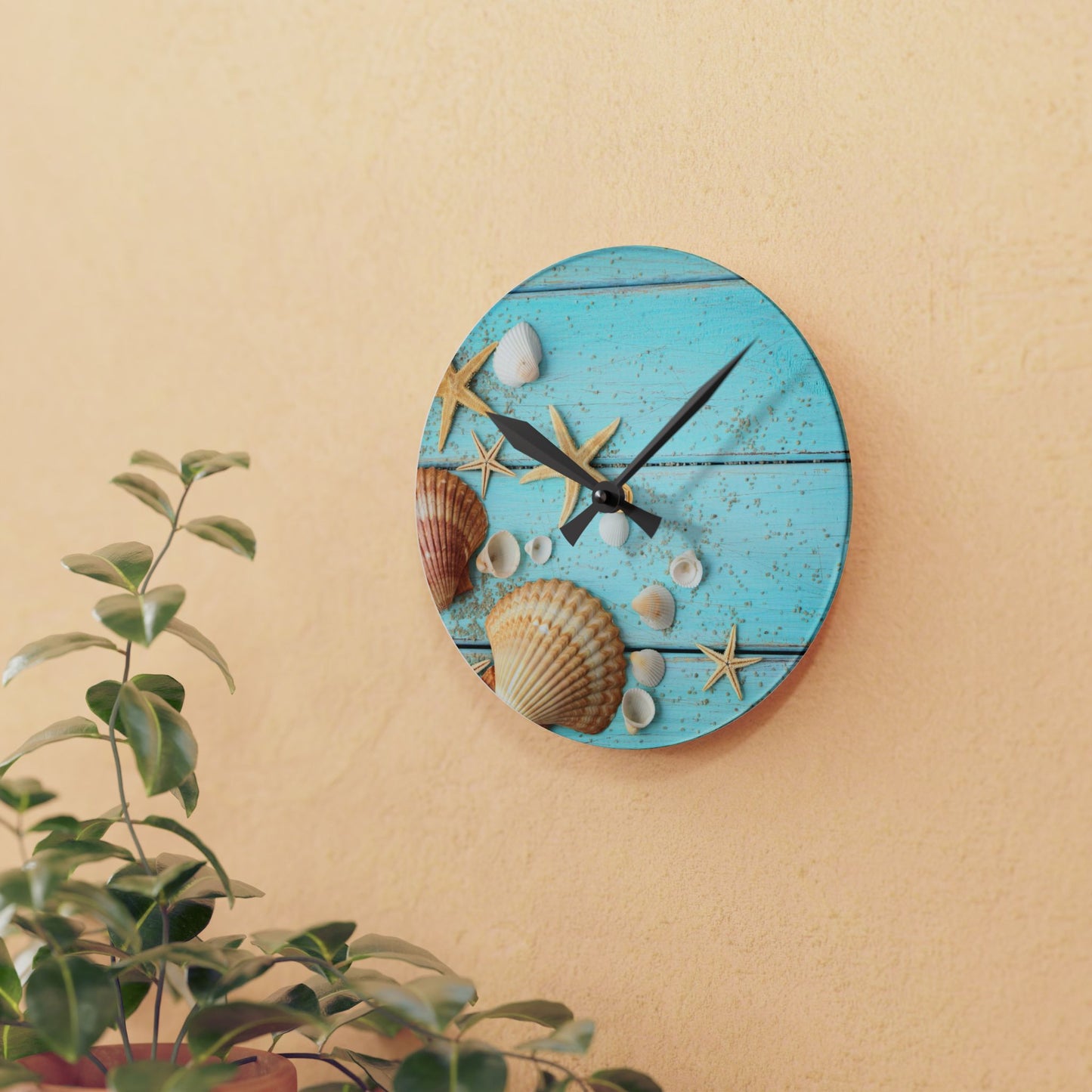 Sea Shells Acrylic Wall Clock - Coastal Beach Home Office Decor