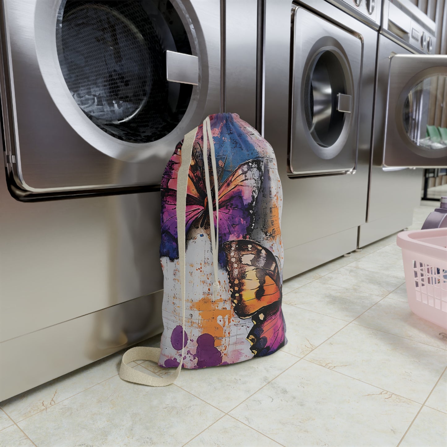 Butterfly Watercolor Laundry Bag — Colorful Drawstring Wash Bag for Travel & Dorm