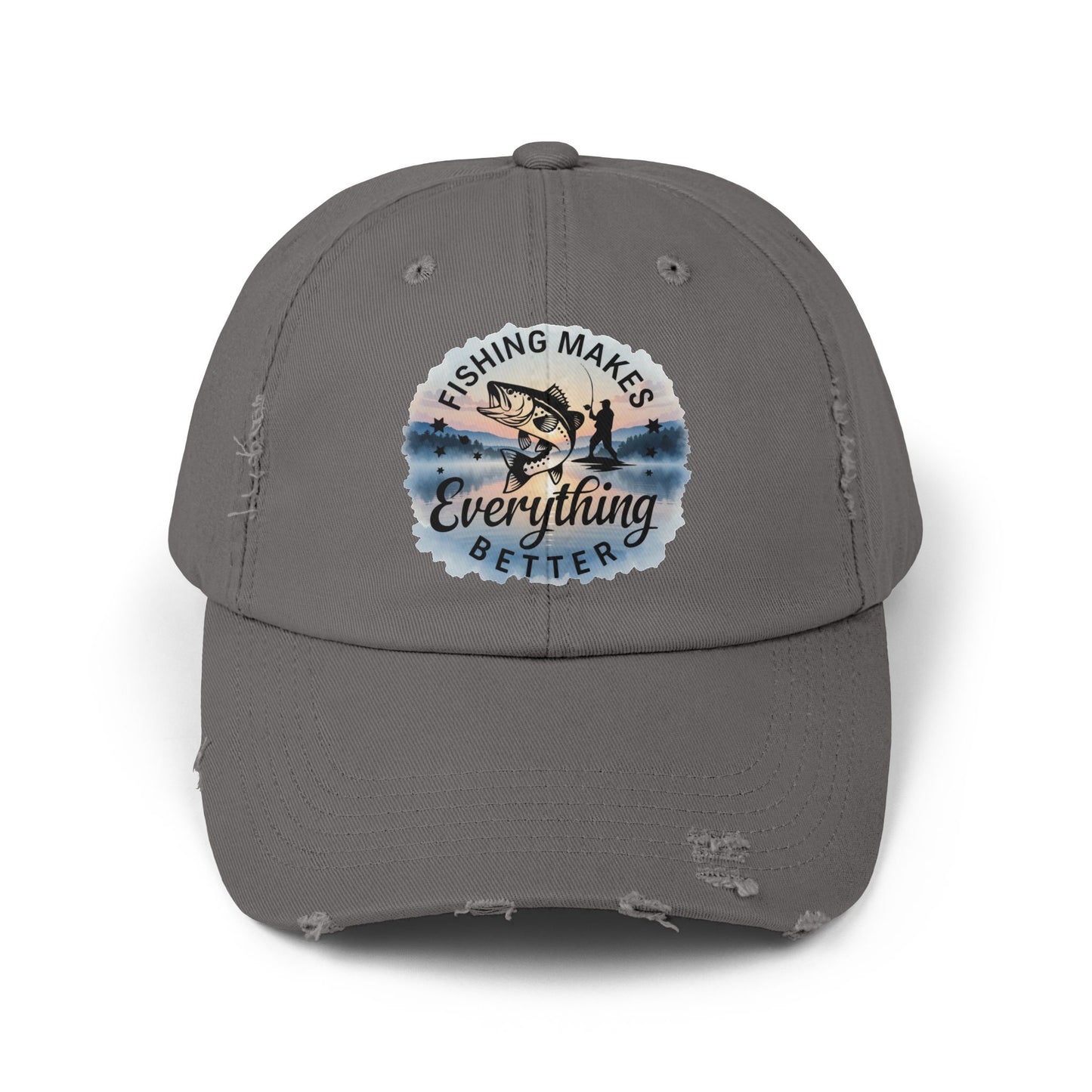 Fishing Humor "Fishing Makes Everything Better" Distressed Cap | Unisex Summer Hat, Fishing Accessories, Outdoor Gear, Gift for Anglers, Casual Headwear