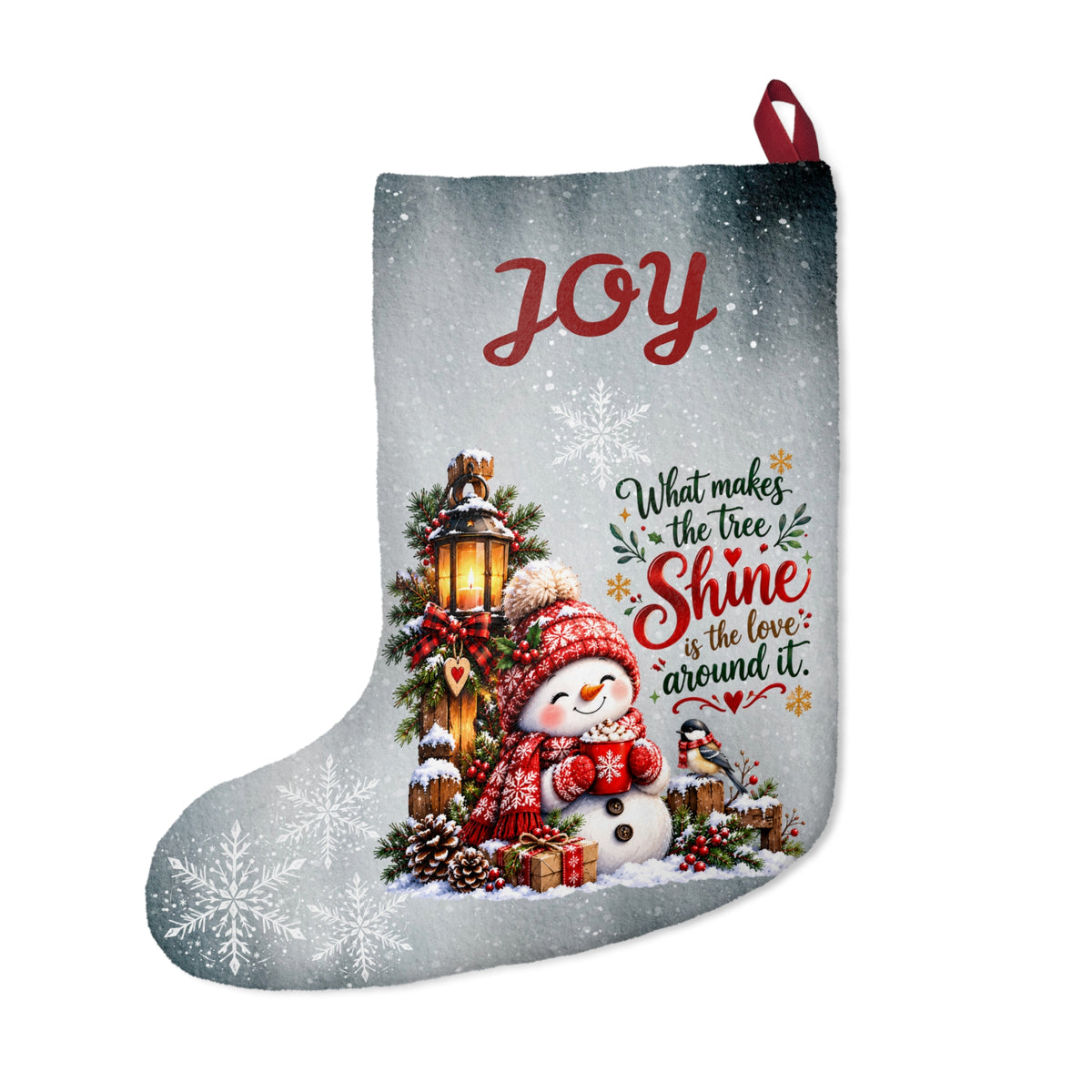 Joy Christmas Stocking with Snowman and Inspirational Quote