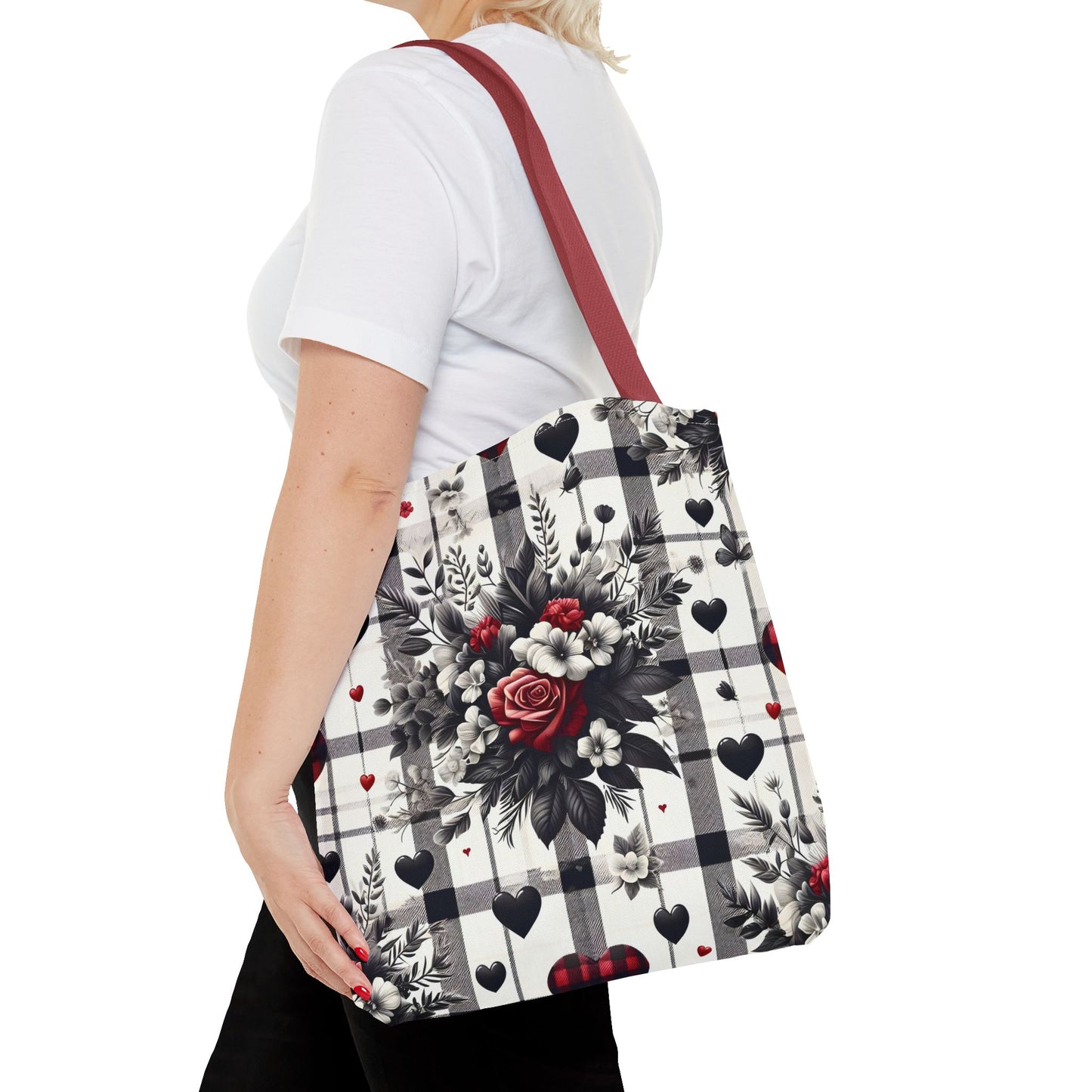 Stylish Valentine Plaid Flower Heart Tote Bag