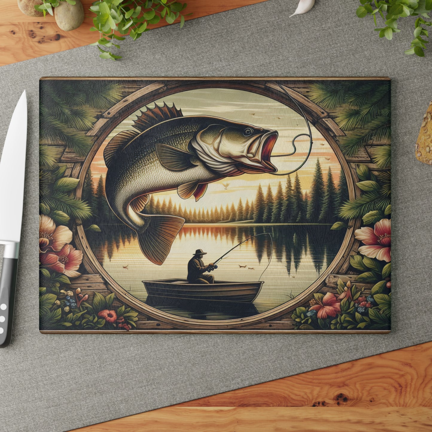 Rustic Fisherman Glass Cutting Board - Perfect Gift for Outdoor Enthusiasts