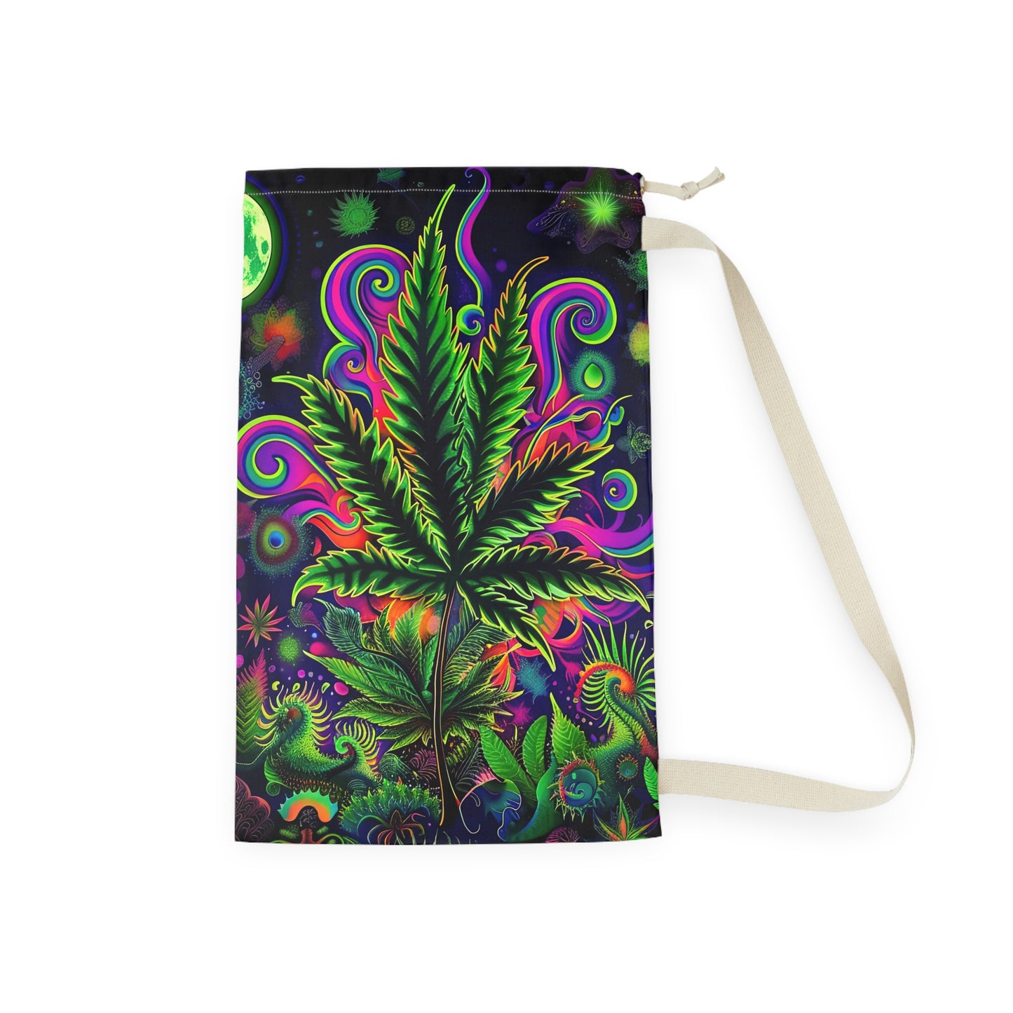 Kaleidoscopic Botanical Leaf Laundry Bag – Neon Trippy Drawstring Hamper
