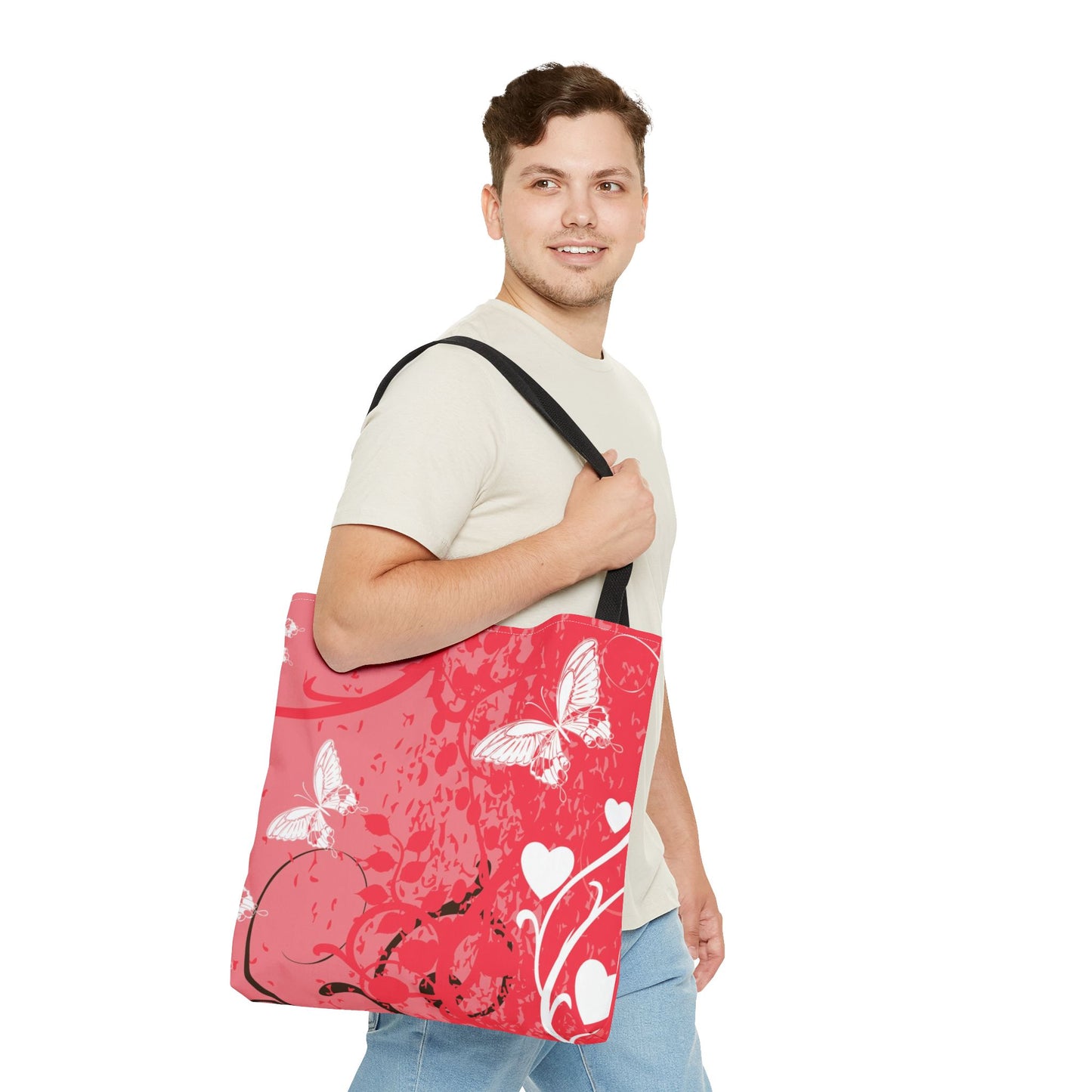 Pink Butterfly Heart Floral Abstract Fashionable Tote Bag (AOP), Stylish, Gift Idea for Birthdays, Holidays, Any Occasion for Anyone