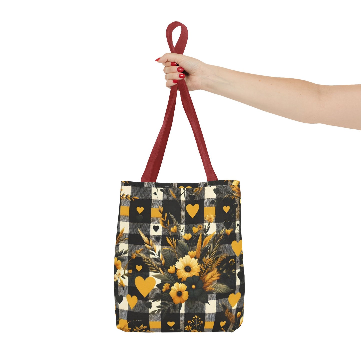 Stylish Yellow and Black Plaid Pattern with Floral and Hearts Tote Bag(AOP)