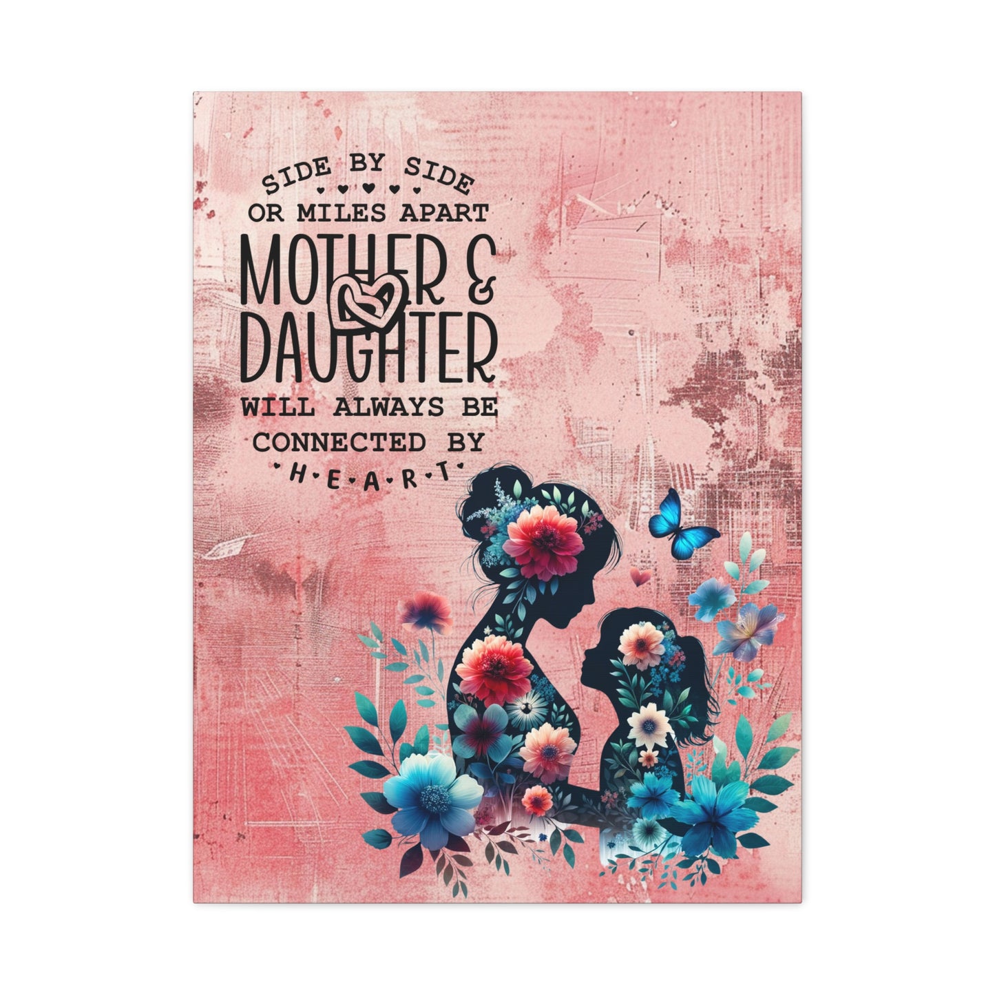 Mother-Daughter Love With Floral And Butterfly Canvas Wall Art Print