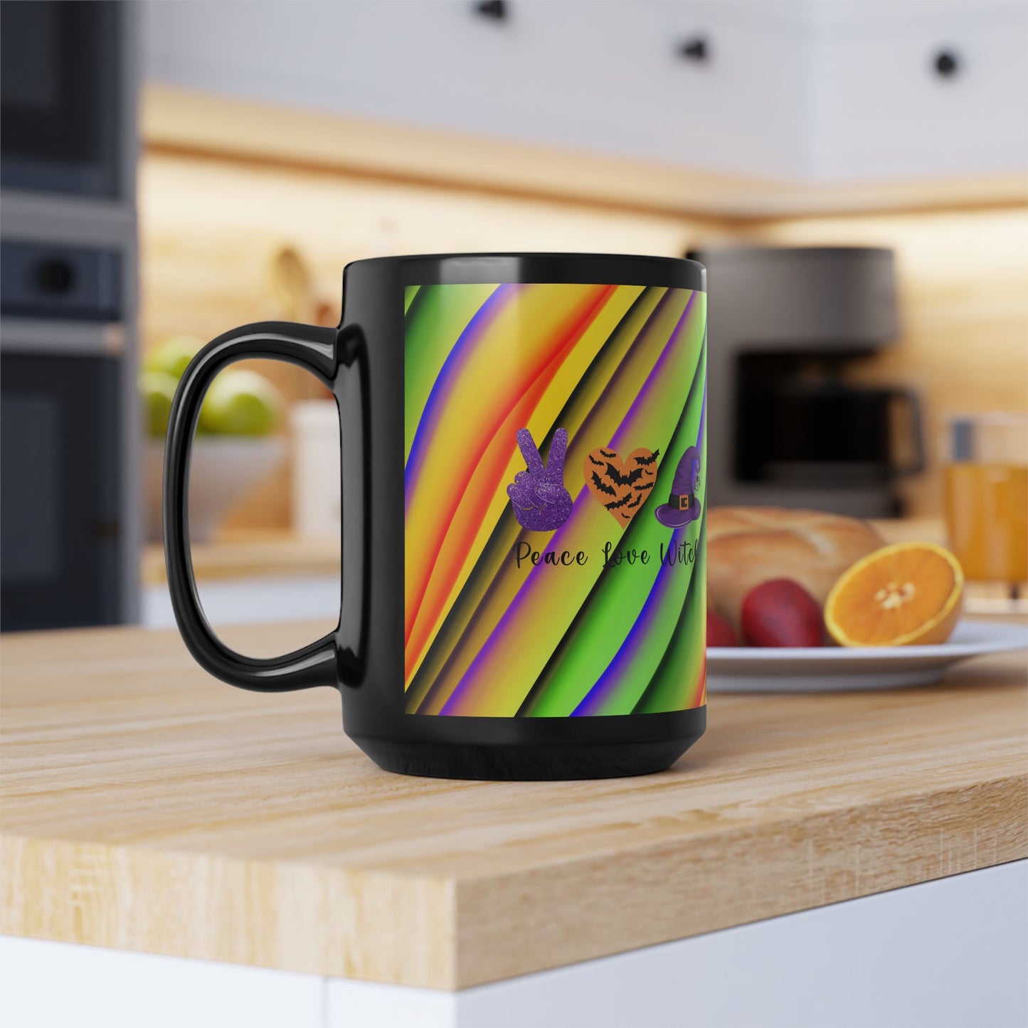 Halloween Theme Black Mug (11oz, 15oz), Halloween Quote, Peace Loving Halloween Lovers, Coffee, Tea, Hot Chocolate Lovers, Great Gift Idea