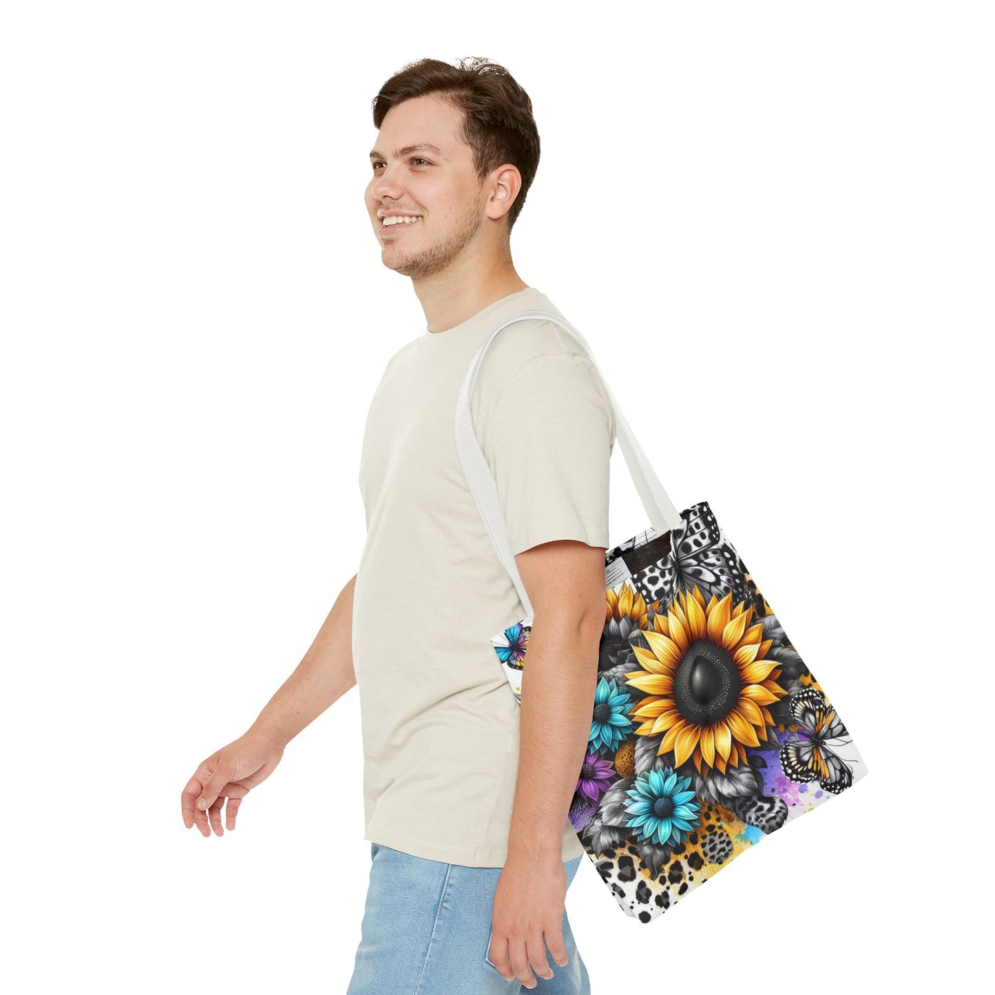 Sunflower & Butterfly Tote Bag — Colorful Floral All-Over Print