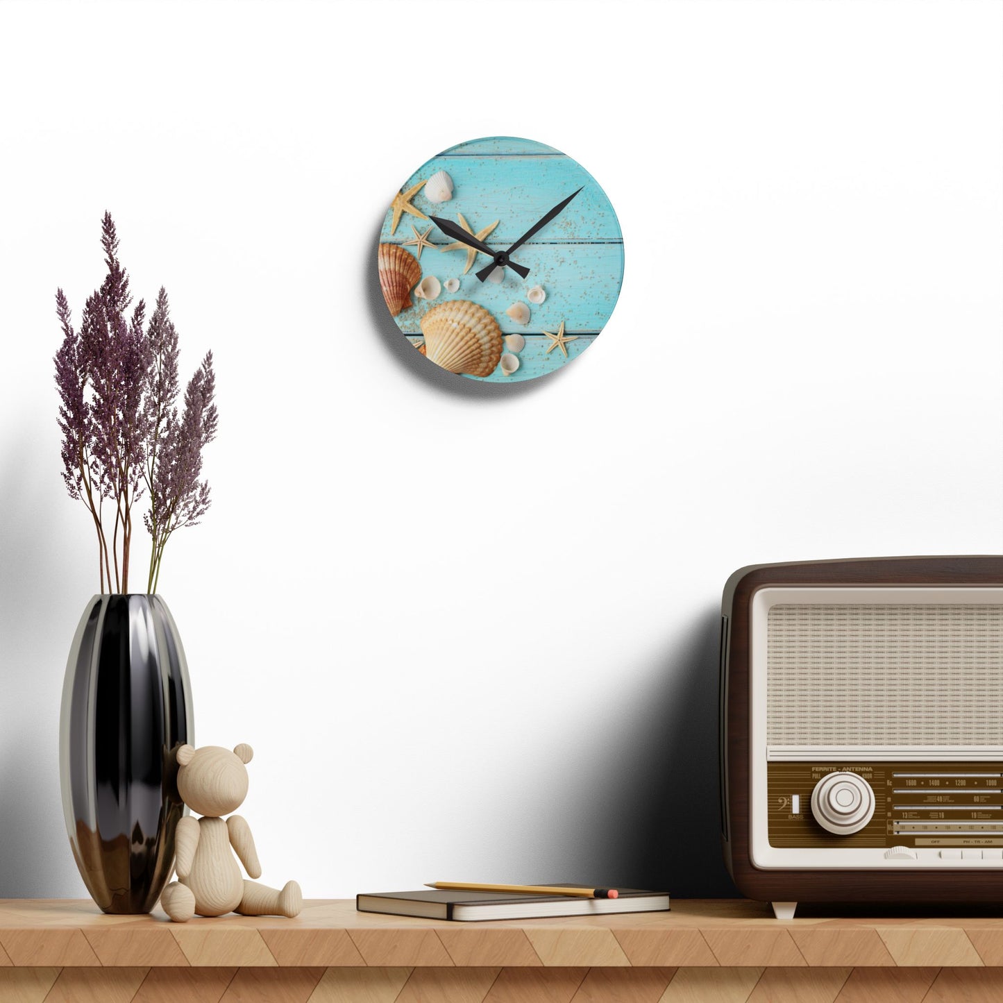 Sea Shells Acrylic Wall Clock - Coastal Beach Home Office Decor