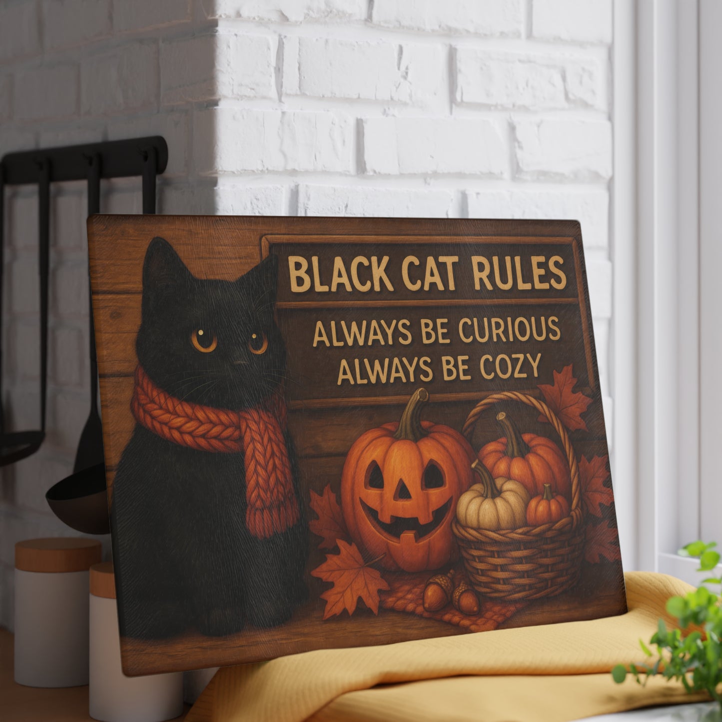 Black Cat Rules Glass Cutting Board - Always Be Curious, Always Be Cozy