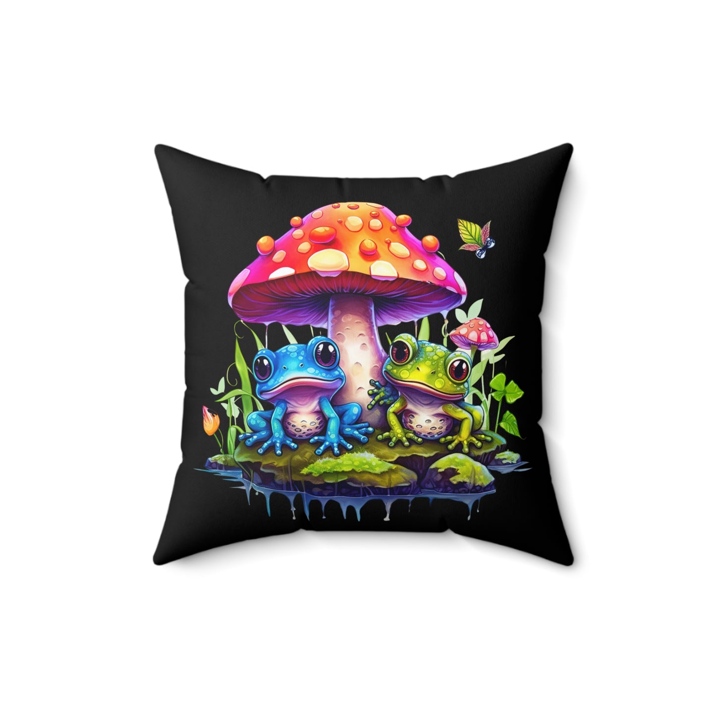 Decorative Spun Polyester Square Pillow, Stylish Mushroom with Frogs Decor for Home or Office, Great Gift Idea for Any Occasion for Anyone