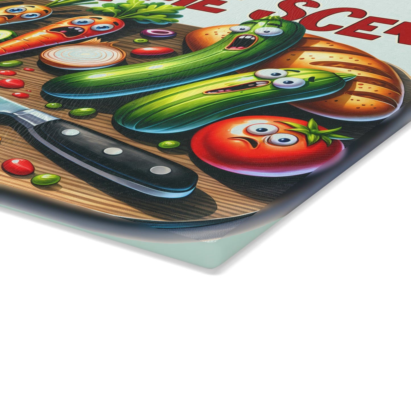 Whimsical Kitchen Crime Scene Glass Cutting Board - Chef Foodie Gift