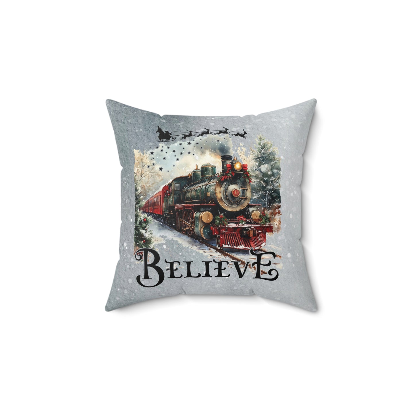 Christmas Train Decor Pillow - 'Believe' Spun Polyester Square Cushion Holiday Decor