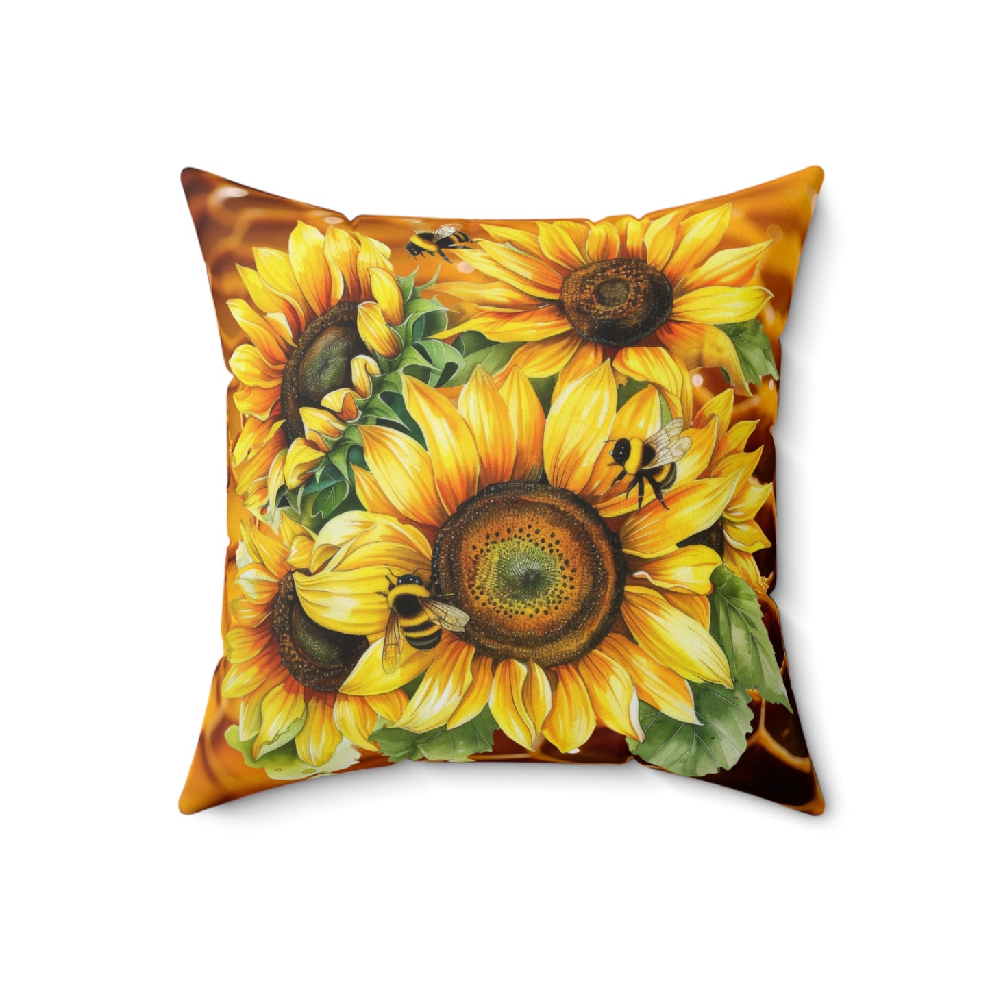 Decorative Spun Polyester Square Pillow, Honeybees and Sunflowers Accent for Any Room, Honeybees and Sunflower Lovers Home or Office Decor