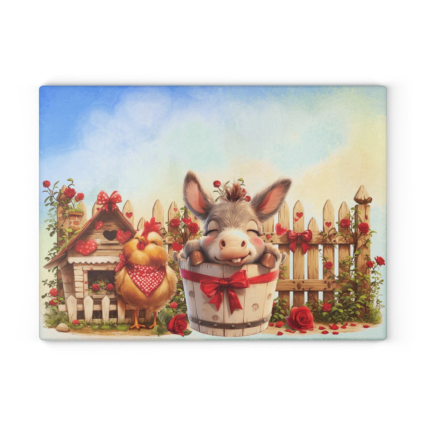 Glass Cutting Board - Cute Farm Donkey & Chicken Kitchen Decor, Heart Garland Rustic Countryside