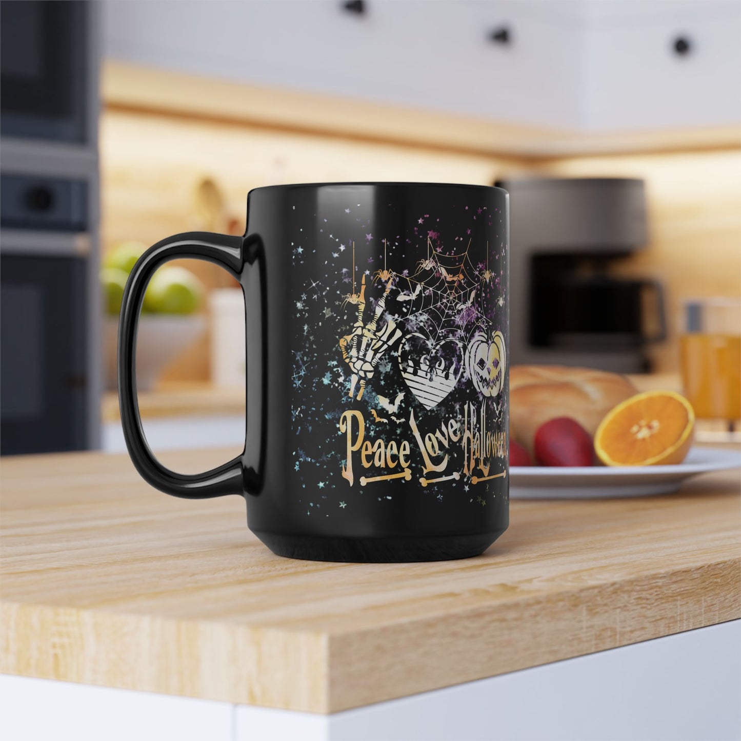 Halloween-Themed Black Mug | Peace Love Halloween Design, Spooky Coffee Cup, Fall Gift, Haunted House Decor, October Celebration