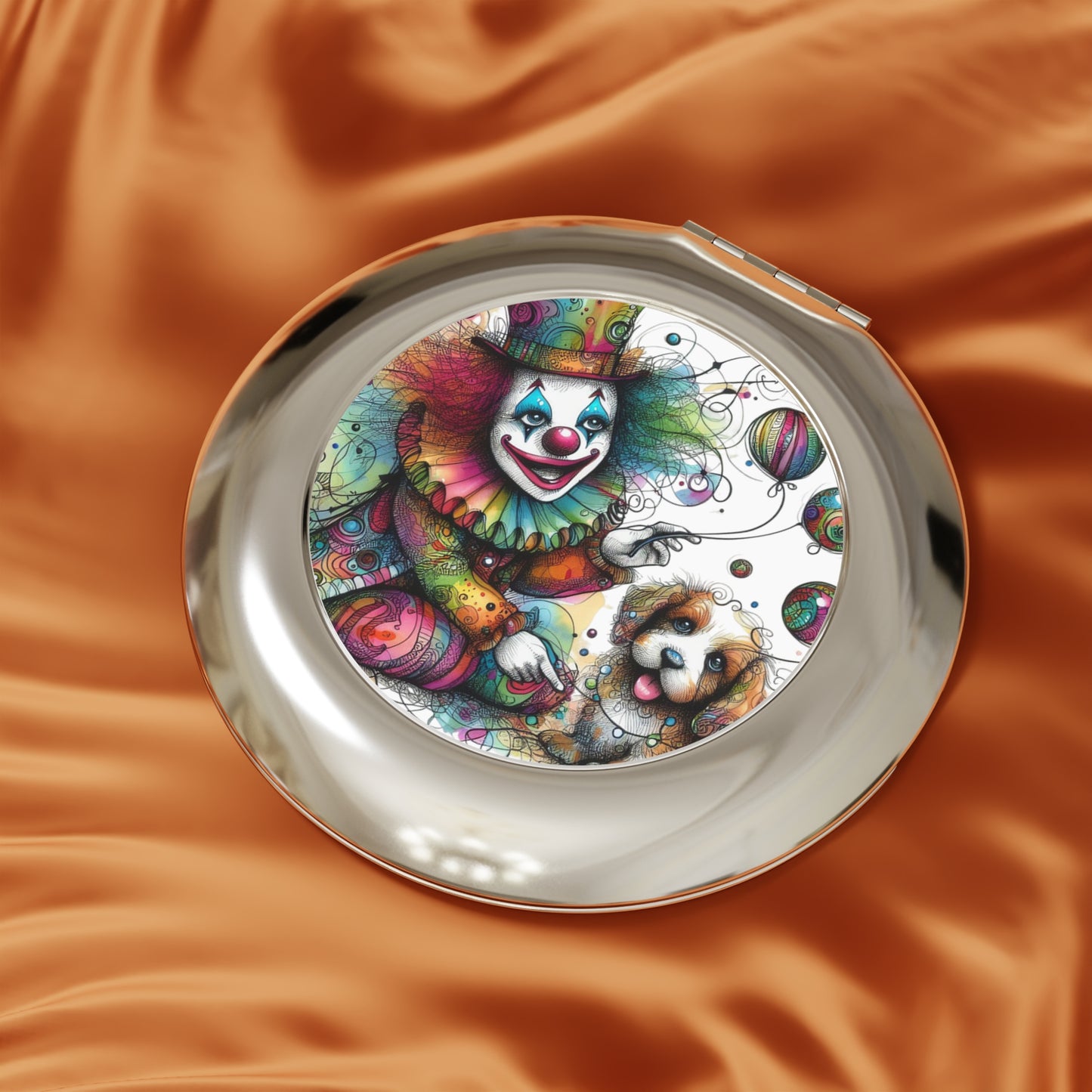Compact Travel Mirror — Colorful Clown & Puppy Pocket Mirror