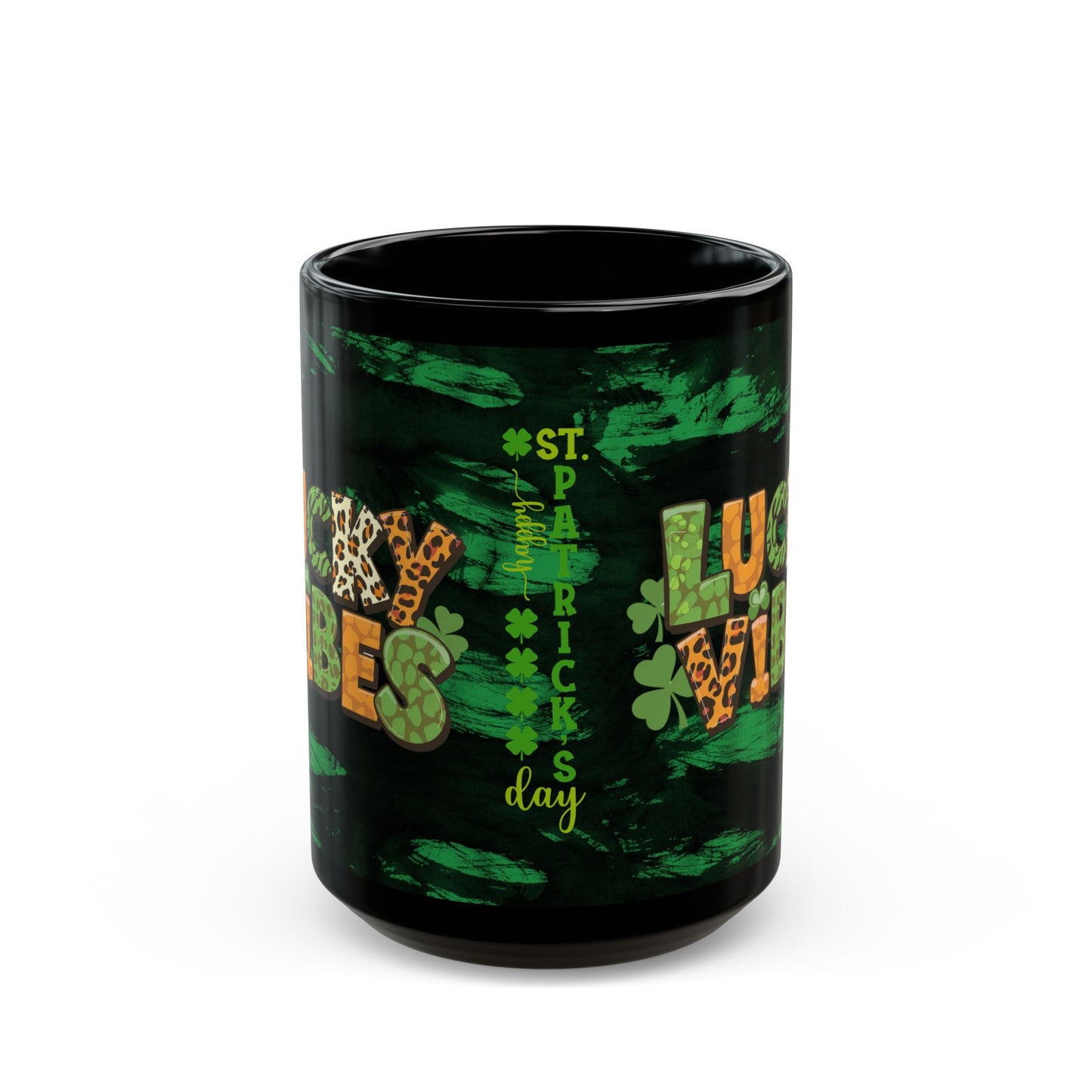 Lucky Vibes Black Mug — St. Patrick’s Day Leopard Print Shamrock Coffee Cup (11oz/15oz)