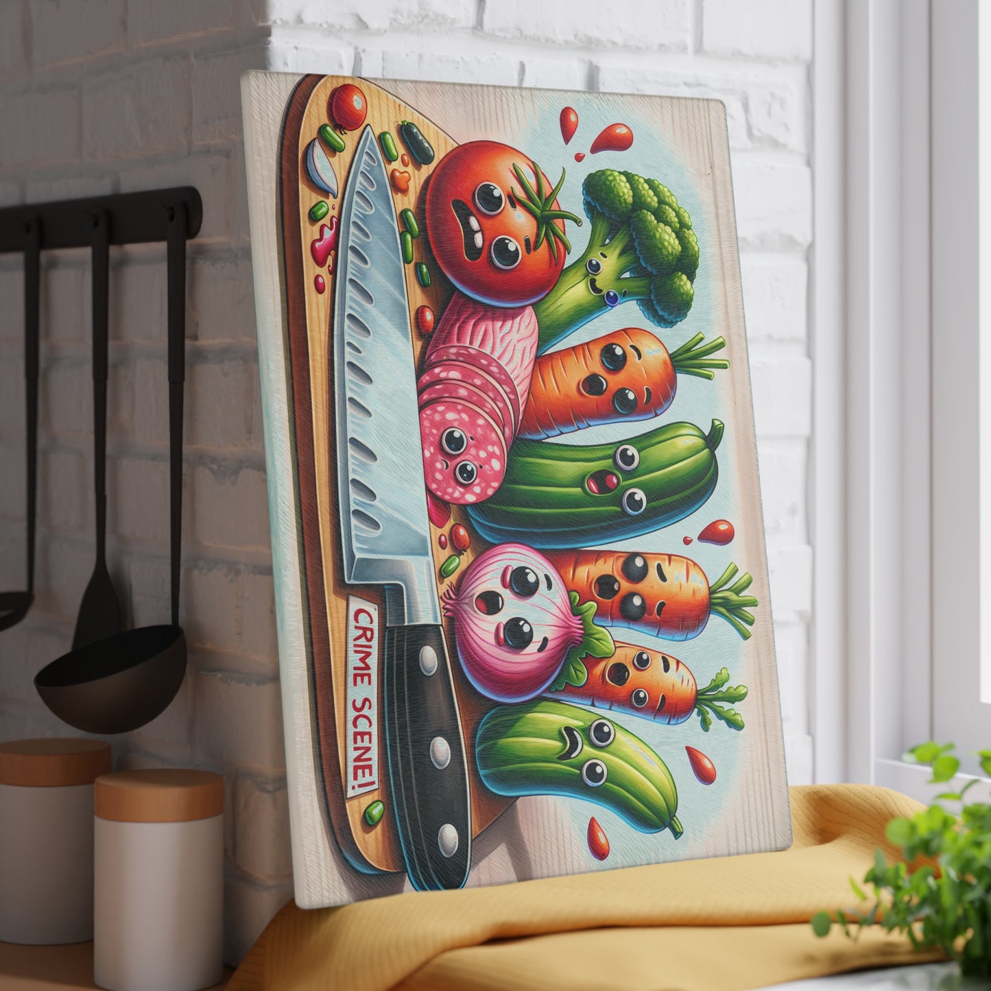 Whimsical Glass Cutting Board - ‘Crime Scene’ Vegetable Design for Fun Cooking