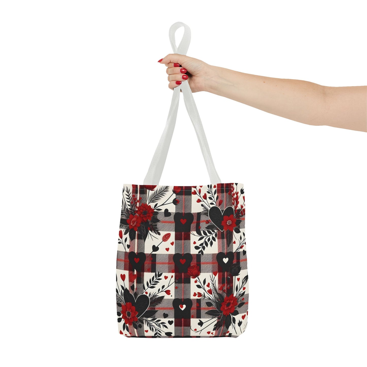 Fashionable Valentine Tote Bag (AOP) with Flowers and Hearts Plaid Design Pattern