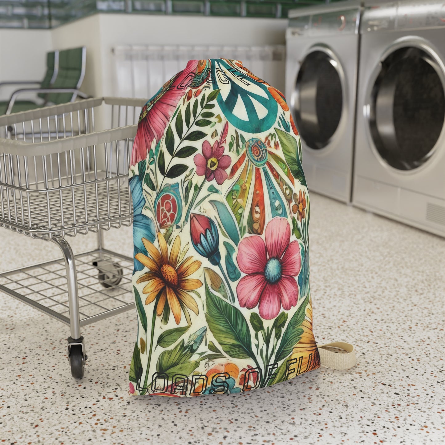 Boho Floral Peace Sign Laundry Bag — 'Loads of Fun' Drawstring Hamper