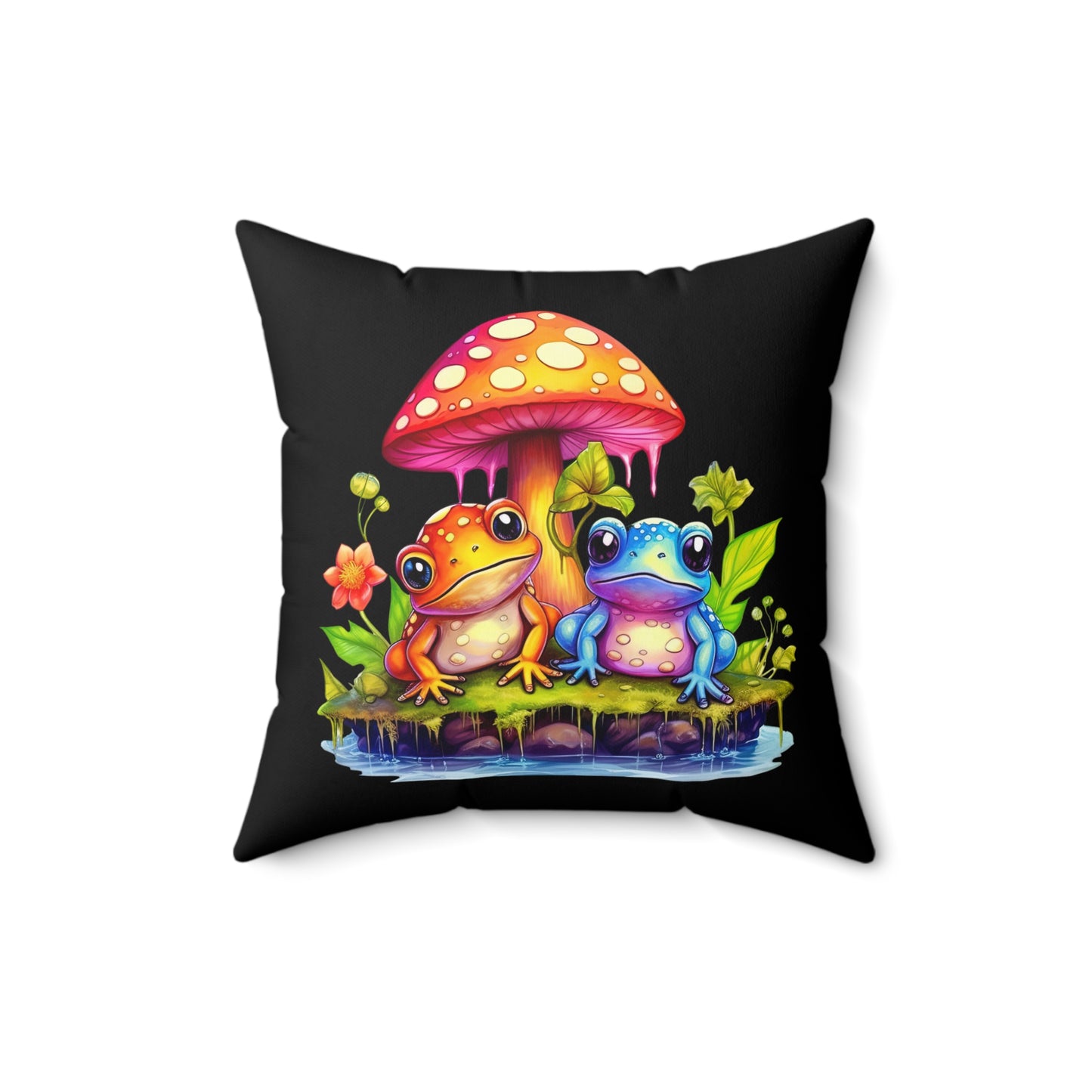 Mushroom with Frogs Spun Polyester Square Pillow, Stylish Mushroom with Frogs Decor for Home or Office, Great Gift Idea for Any Occasion