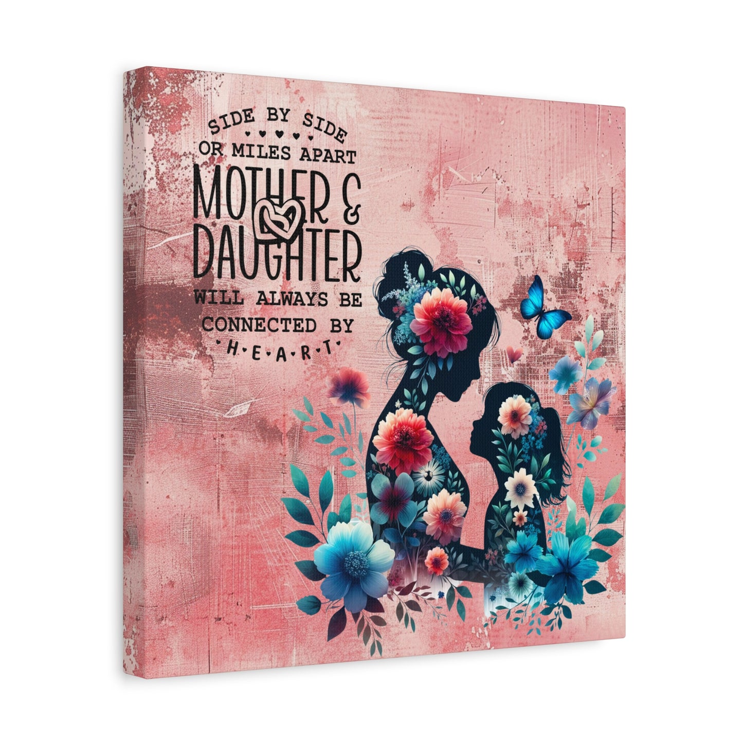 Mother-Daughter Love With Floral And Butterfly Canvas Wall Art Print