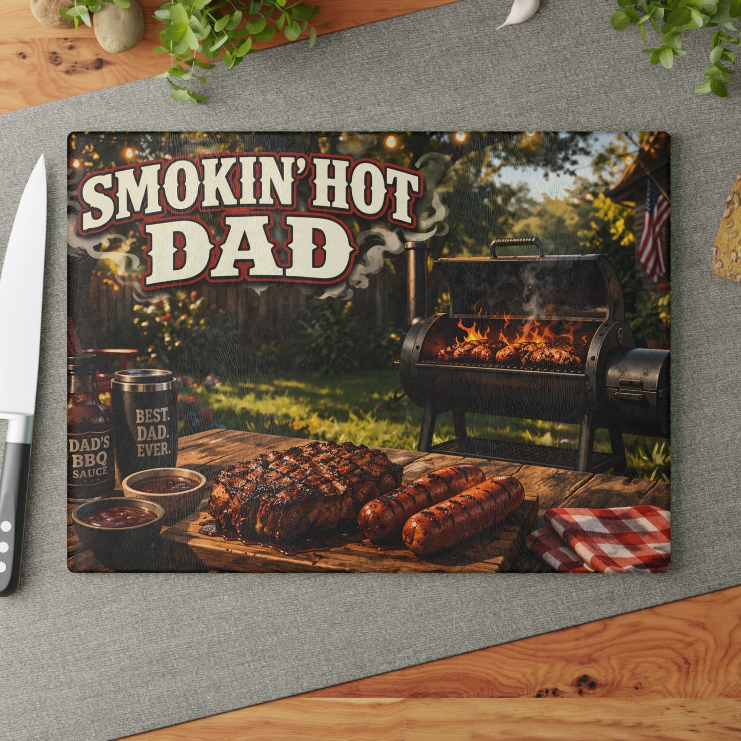 Smokin' Hot Dad Glass Cutting Board – BBQ Grilling Father's Day Gift