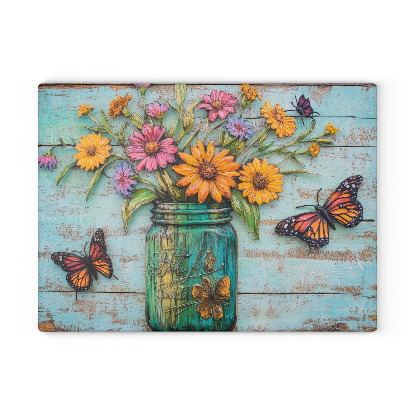 Mason Jar Floral with Butterflies Glass Cutting Board