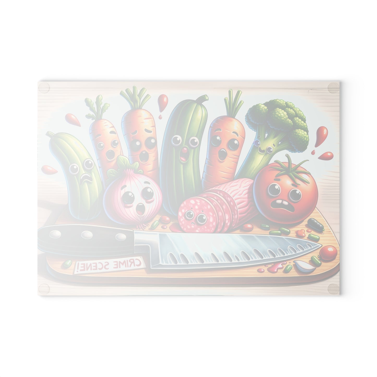 Whimsical Glass Cutting Board - ‘Crime Scene’ Vegetable Design for Fun Cooking