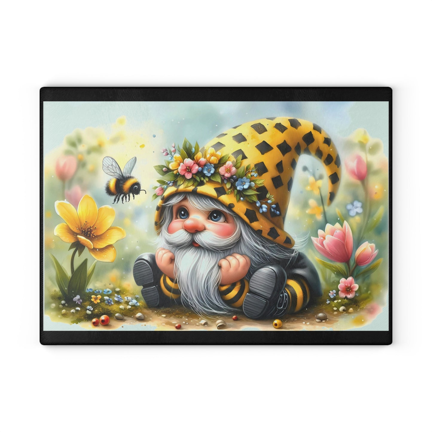Glass Cutting Board — Cute Bee Gnome Floral Kitchen Cutting Board