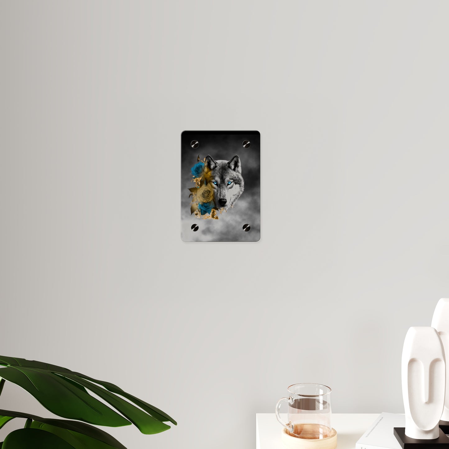 Lively Wolf Acrylic Wall Art Panel - Blue Roses Decor