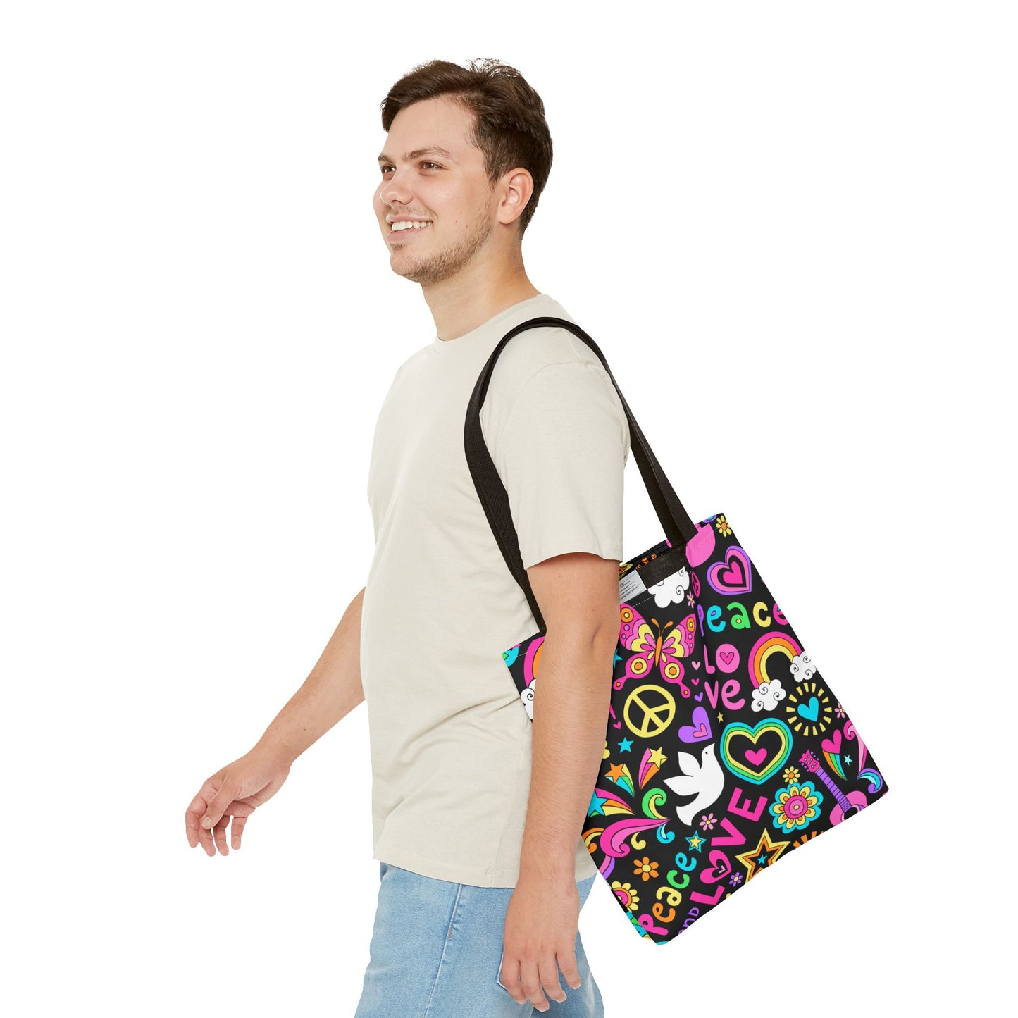 Fashionable Tote Bag (AOP), Stylish, Peace Lovers, Hippie Theme, Great Gift Idea for Birthdays, Holidays or Any Occasion for Anyone