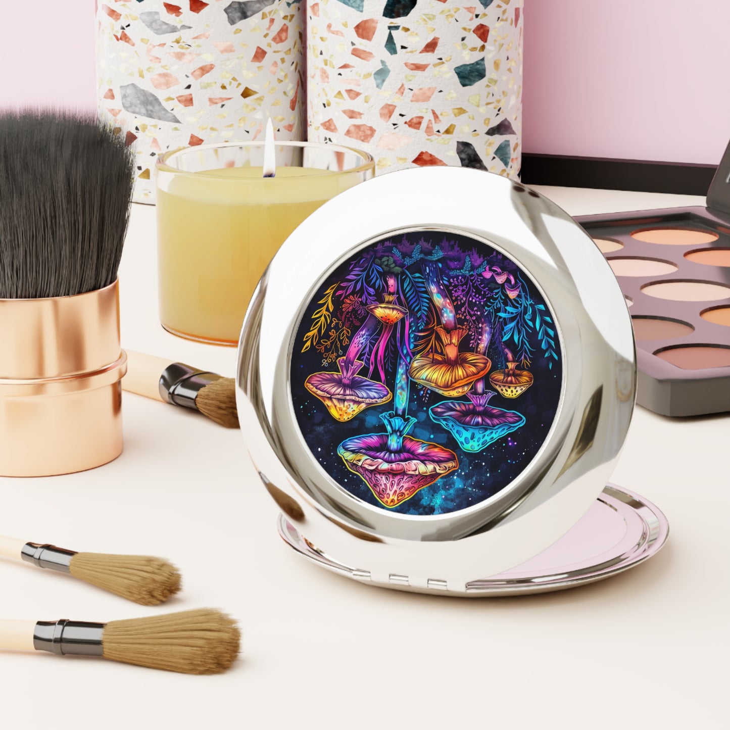 Colorful Mushroom Compact Travel Mirror - Boho Chic Makeup Accessory