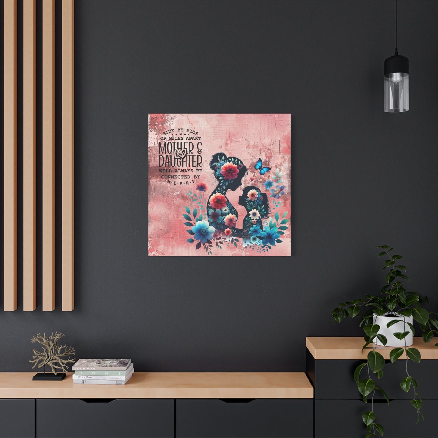 Mother-Daughter Love With Floral And Butterfly Canvas Wall Art Print