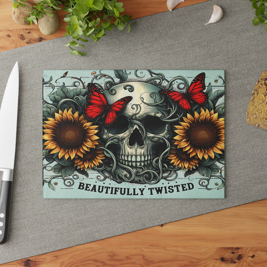 Beautifully Twisted Skull Glass Cutting Board with Sunflowers and Butterflies