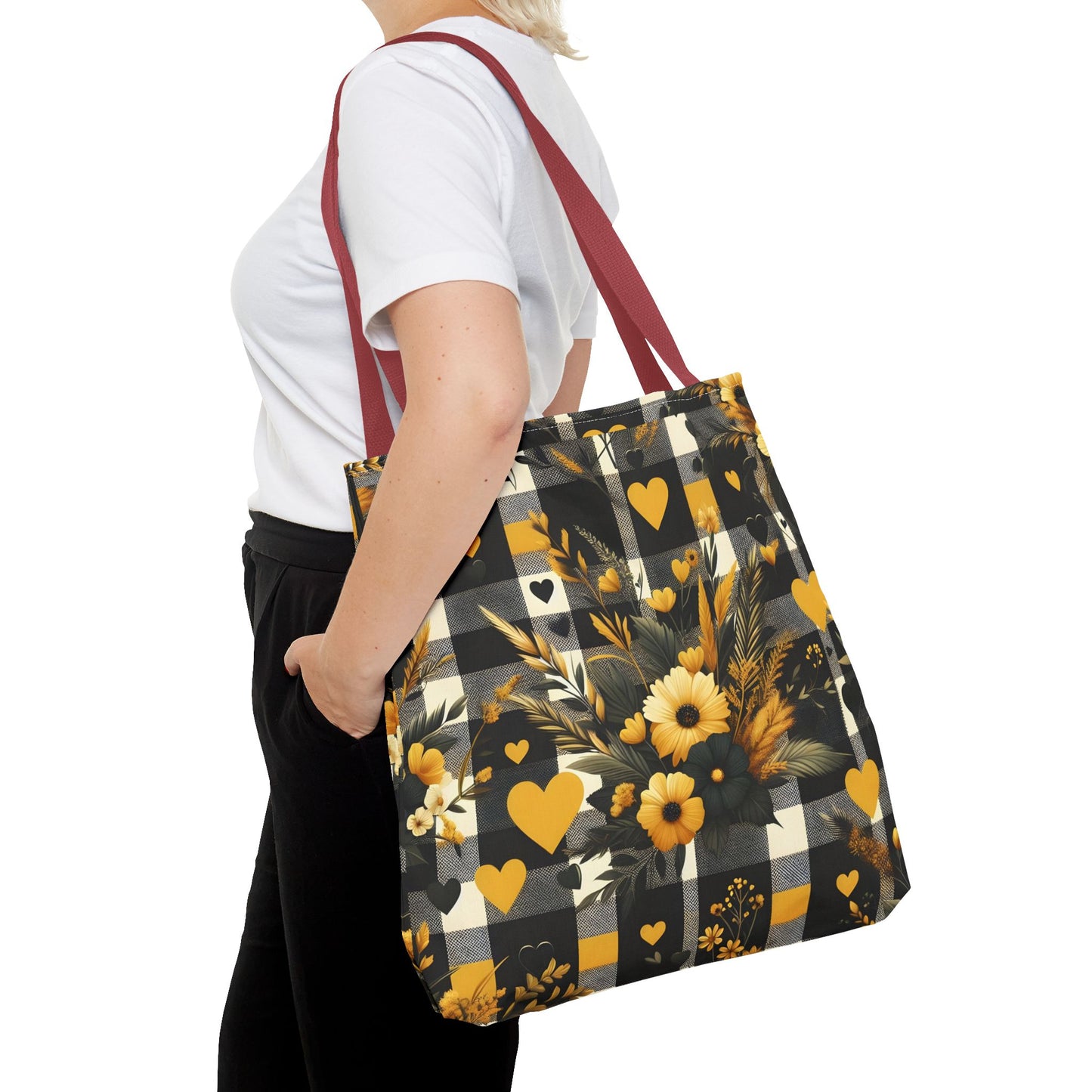 Stylish Yellow and Black Plaid Pattern with Floral and Hearts Tote Bag(AOP)