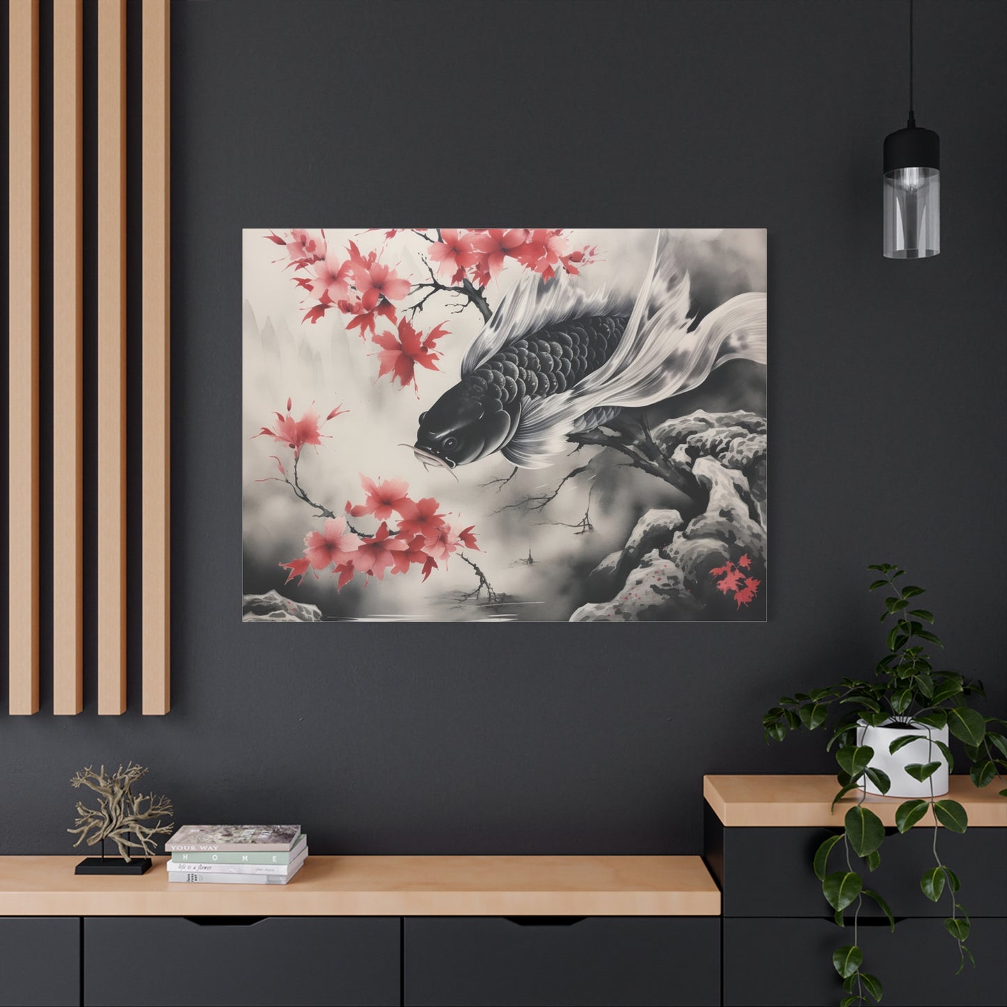Koi Fish Artwork Canvas Wall Art Print - Elegant Decorative Wall Art with Cherry Blossoms